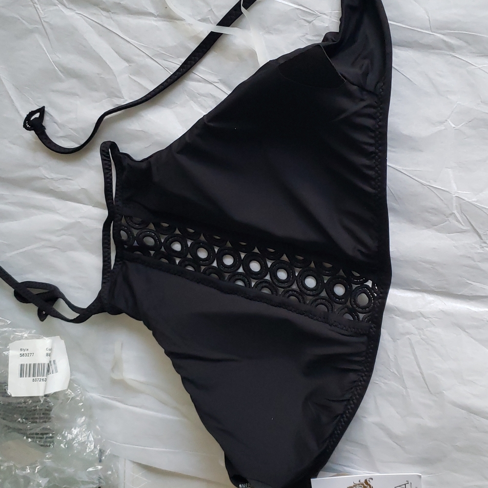 BECCA New BRA High Neck Bikini Top with Lace Macramé Inset NWT BLACK Sz D - Picture 8 of 15